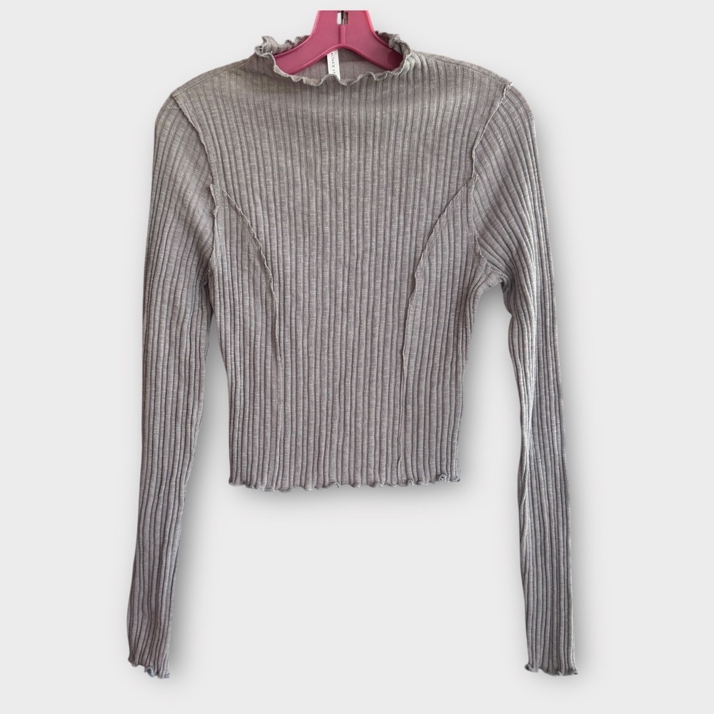 Altar'd State Gray Ribbed Knit‎ Ruffle Mock Neck Long Sleeve Top Women's XL